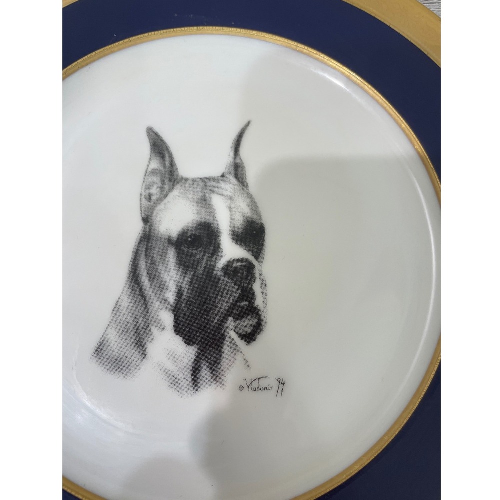 Rosalinde Boxer Dog Porcelain‎ Plate Cobalt Blue Gold Rim Vladimir 1994 Artist - Picture 2 of 3
